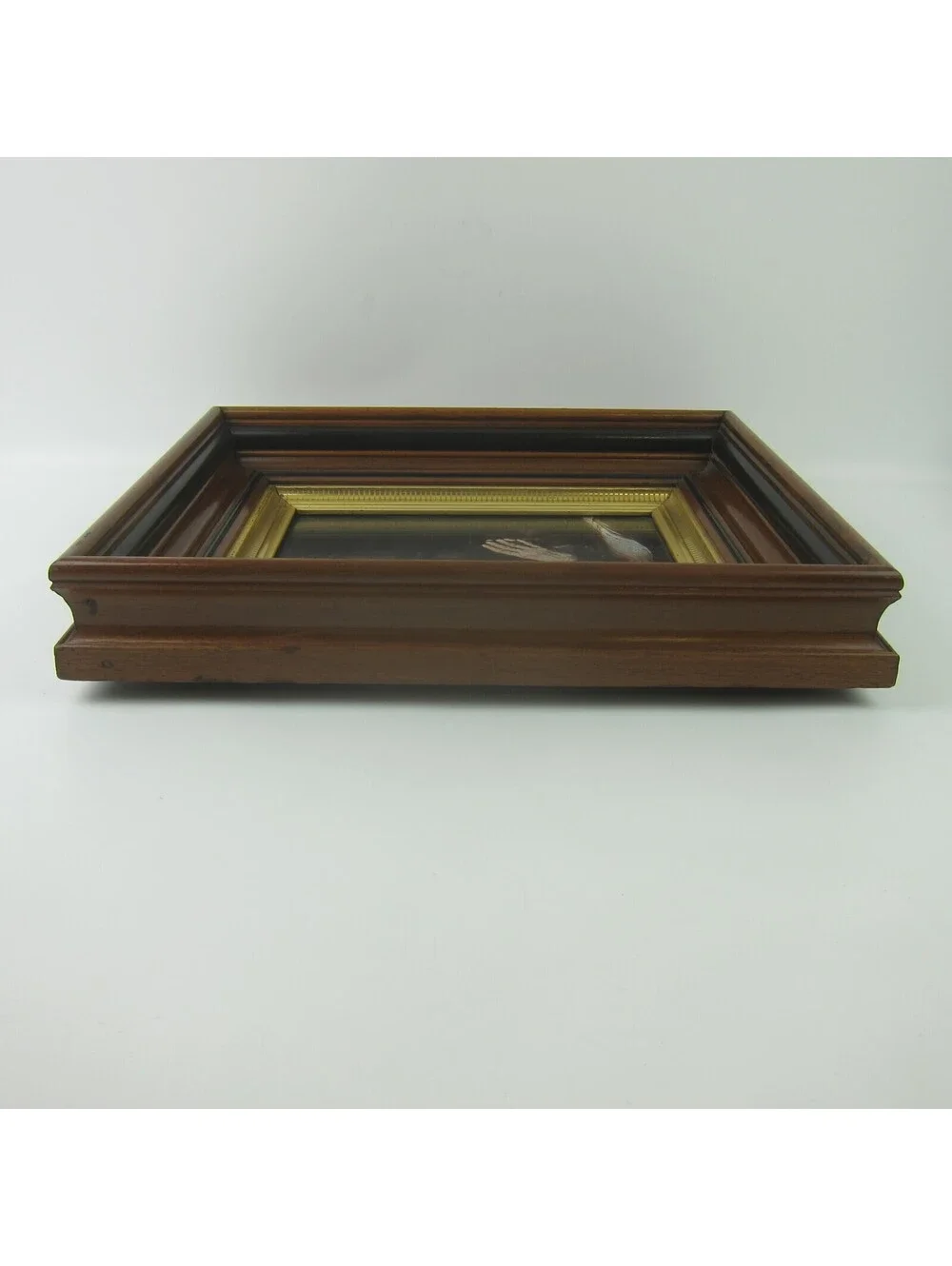 Antique Victorian Deep Picture Frame Walnut Wood Gold Gilt Old Man Praying Print
